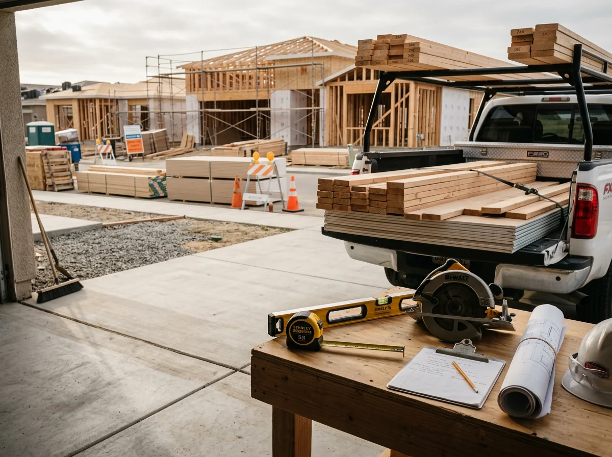 Construction crew and tools on an active job site, ready for residential or commercial building work.