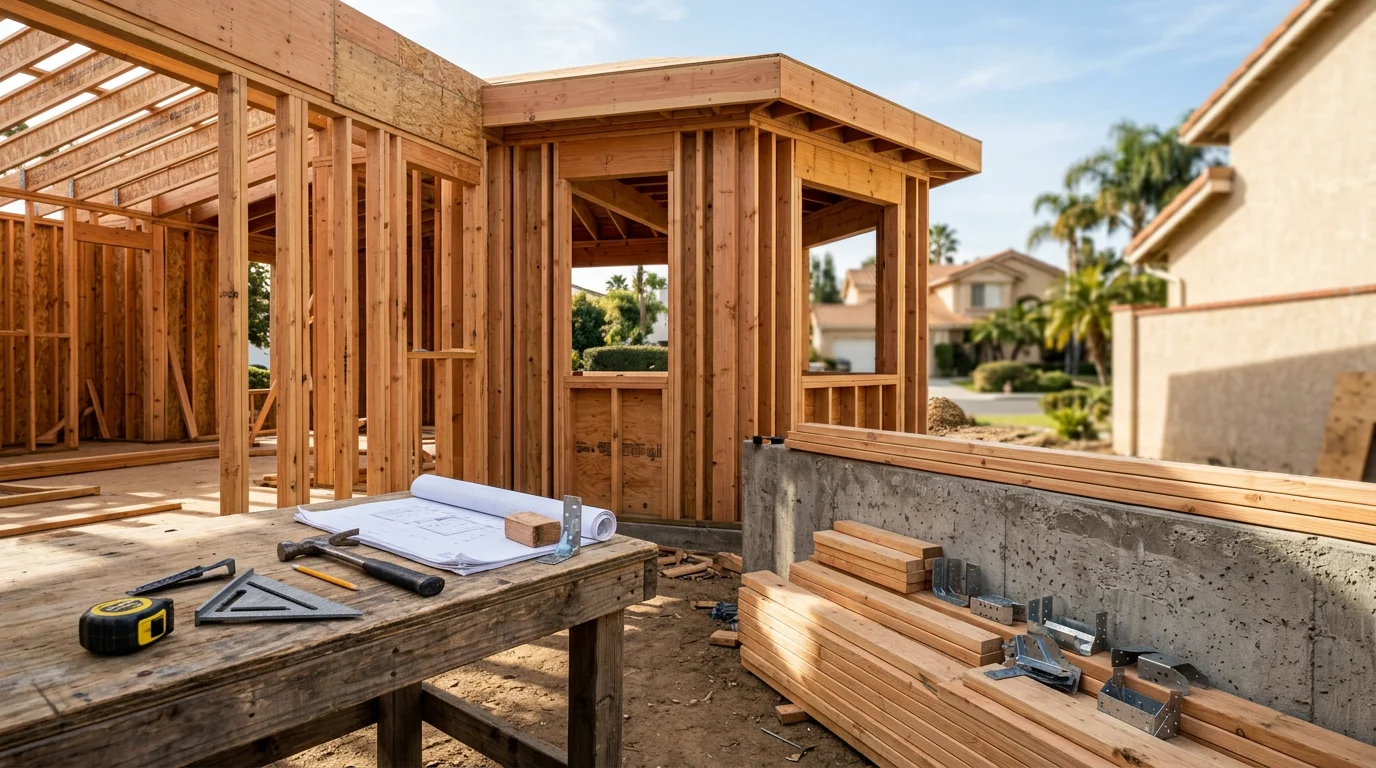 Construction crew framing a residential home addition in Orange County