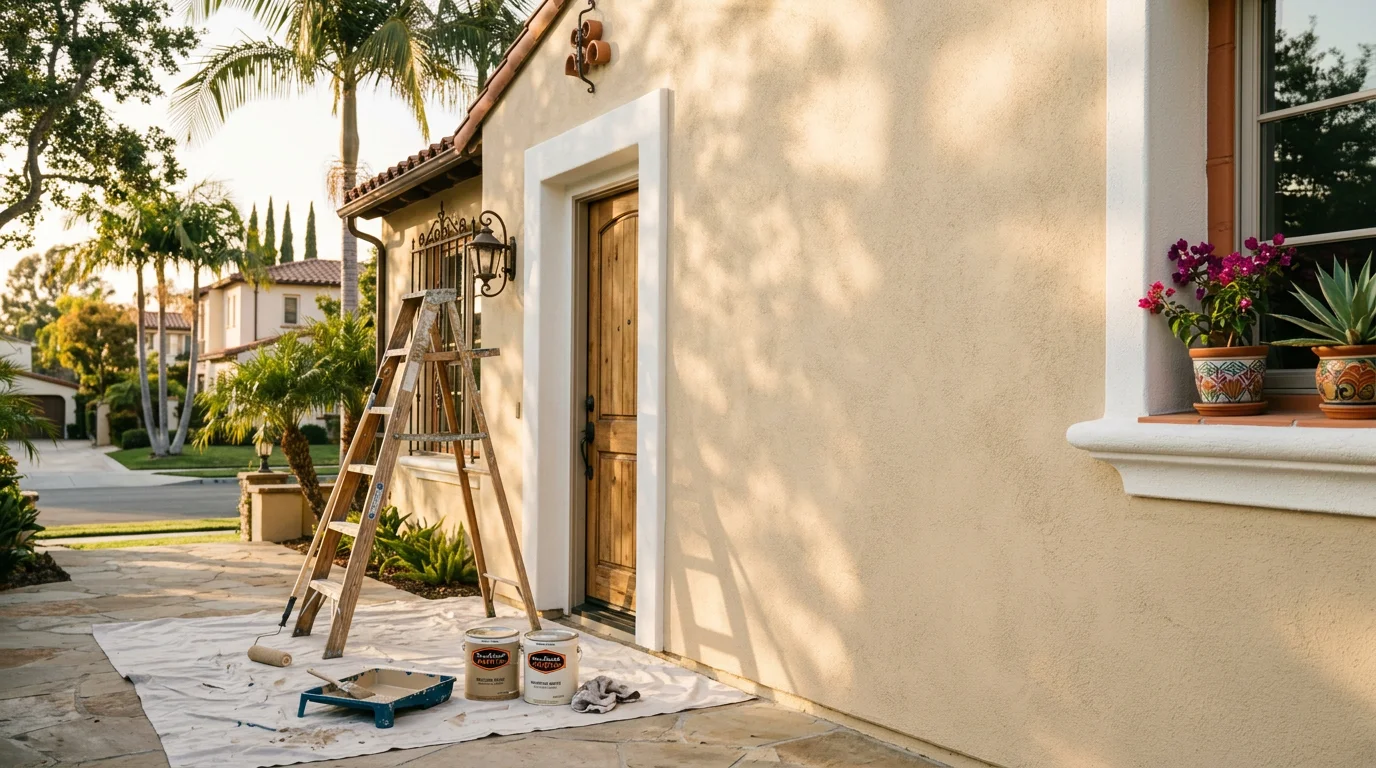 Painter applying exterior paint to a residential home in Orange County