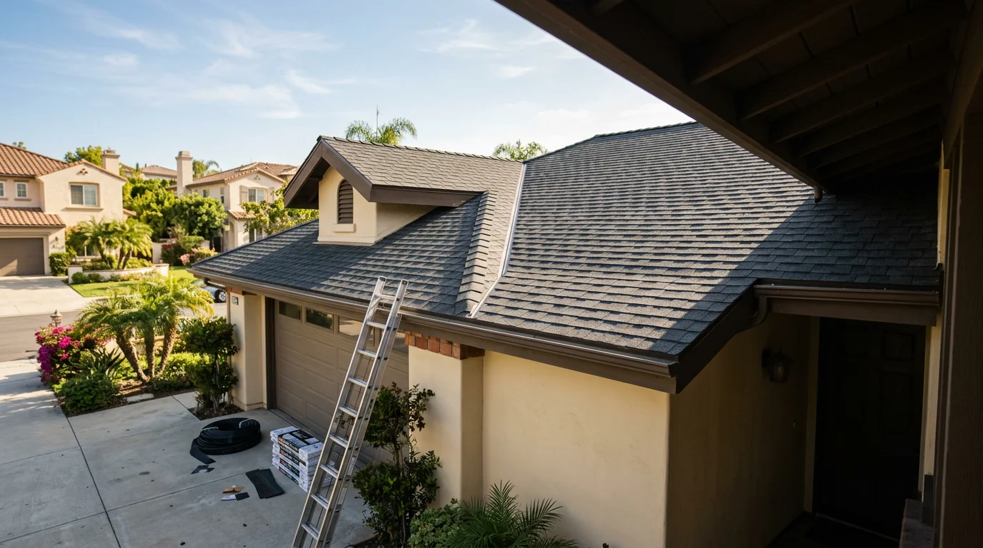 Roofer installing new roofing material on a residential home