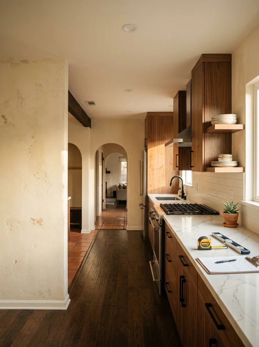 Completed kitchen remodel in an older Los Angeles County home showing new cabinets, countertops, and fresh drywall finish in a narrow galley layout.