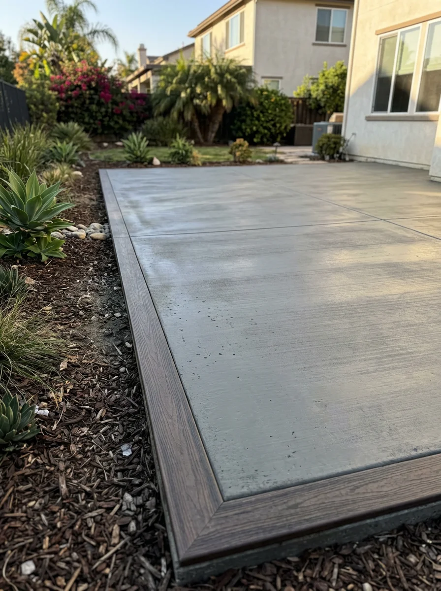 Freshly poured and finished concrete flatwork in the backyard of an Orange County residential property, with new hardscape edging along the perimeter.