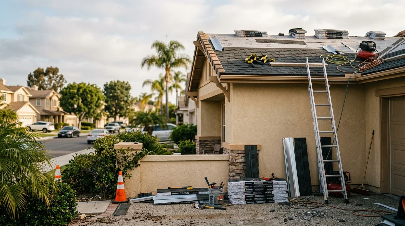 A construction crew installs new roofing on a single-family home in Orange County, California, with a coastal neighborhood visible in the background.