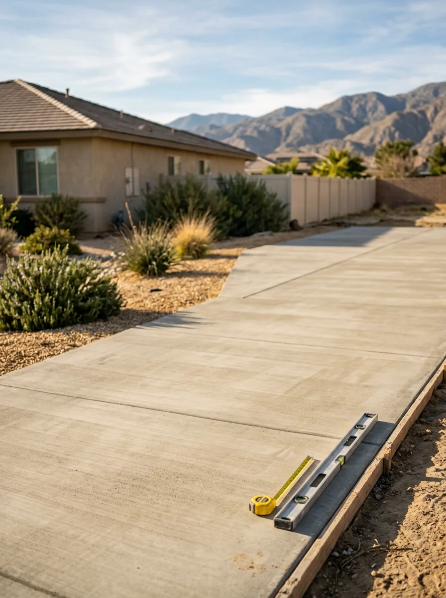 Freshly poured concrete driveway with control joints on a residential property in Riverside County, showing proper finishing on a wide suburban lot.