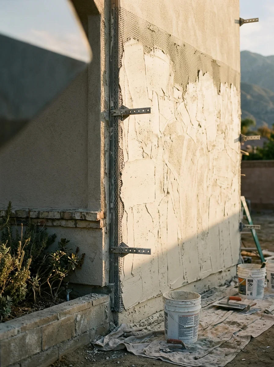 Exterior stucco application on a residential home in Rancho Cucamonga, California, with the San Gabriel Mountains visible in the background.