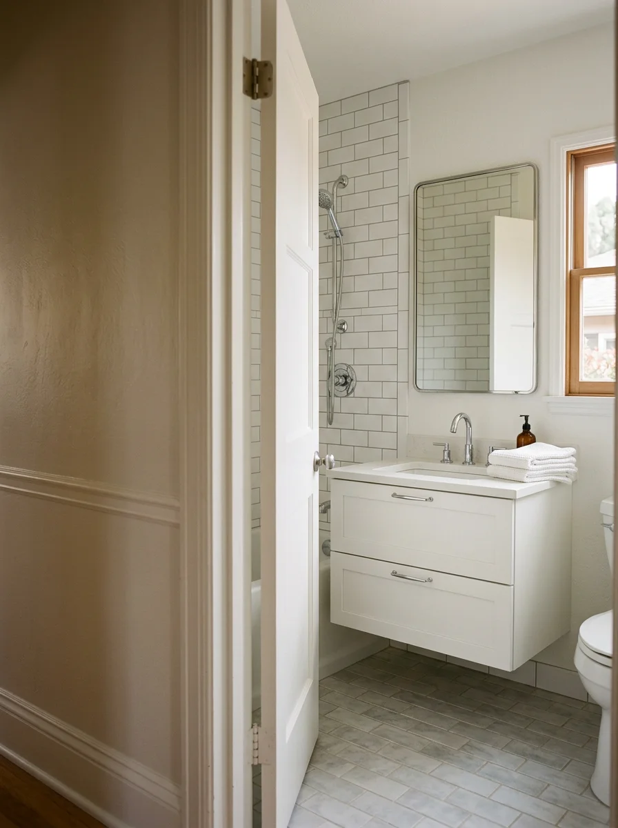 Completed bathroom remodel in a 1950s San Diego home showing new tile flooring, updated fixtures, and fresh drywall finish in a compact coastal-neighborhood layout.