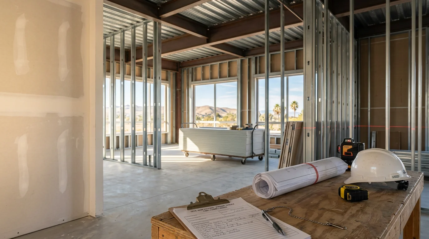 A completed commercial construction project in Orange County, CA showing a finished building exterior with clean lines and a professional facade. Colin Brothers Construction general contracting work serving the Southern California region.