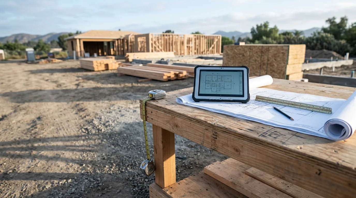 A contractor and homeowner reviewing a construction design plan together at a table, with an Orange County residential property visible through the window. The plan shows a detailed layout for a home project in Southern California.