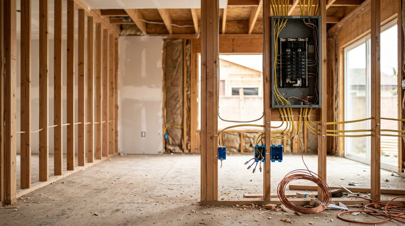 A newly installed electrical panel and wiring rough-in inside a residential addition under construction in Orange County, CA. Open wall framing shows neatly routed circuits and properly placed outlet boxes ready for inspection.