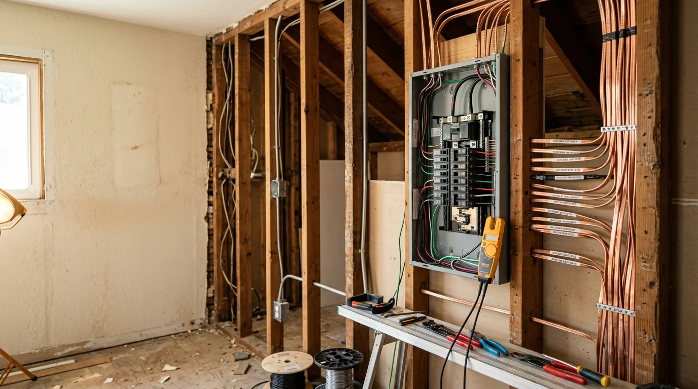 An electrician running new copper wiring through the wall of an older single-family home in Orange County, CA. The existing outdated wiring is visible alongside the new cable being installed.