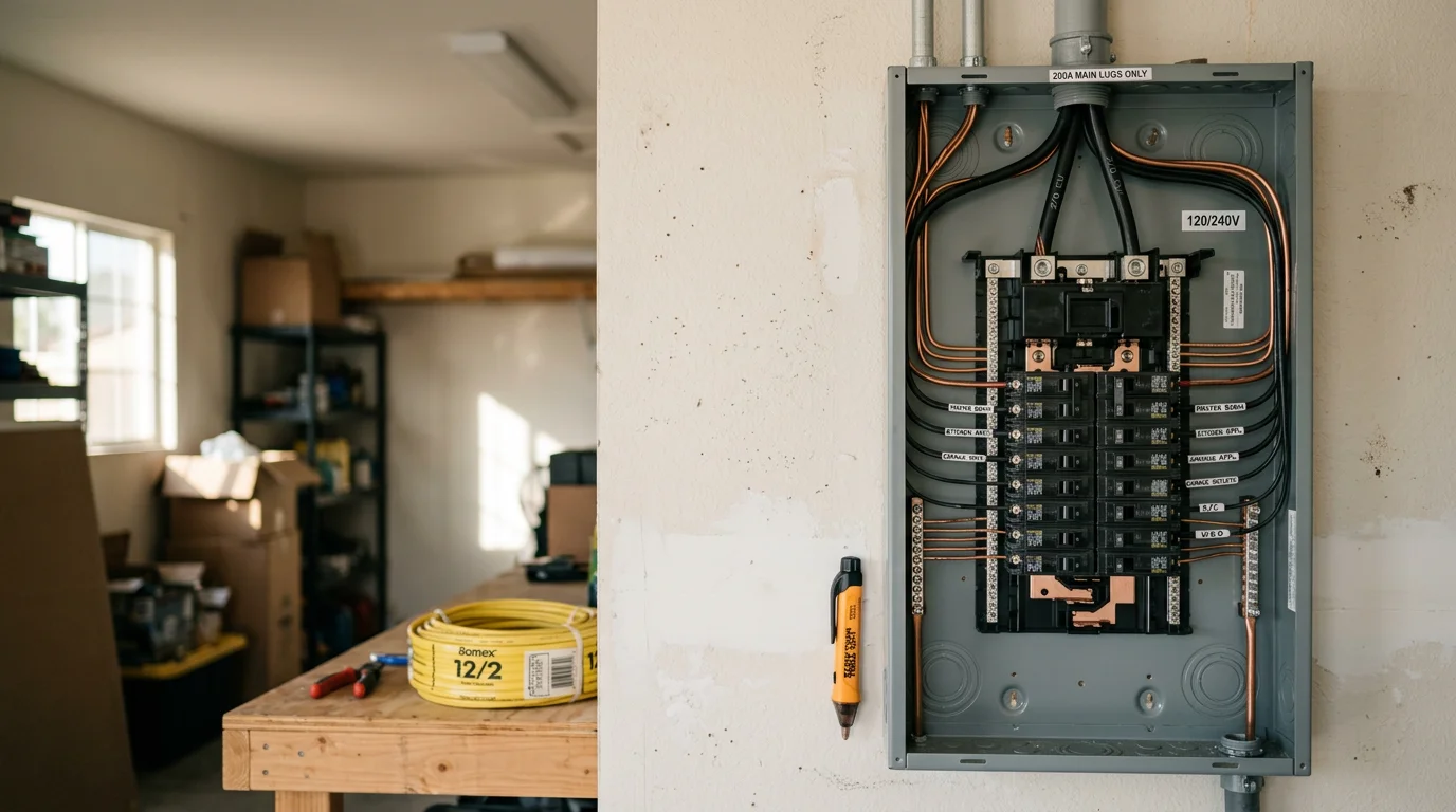 A residential electrical panel upgrade installation in progress at an Orange County home, showing a modern breaker panel mounted on an interior wall with organized circuit wiring.