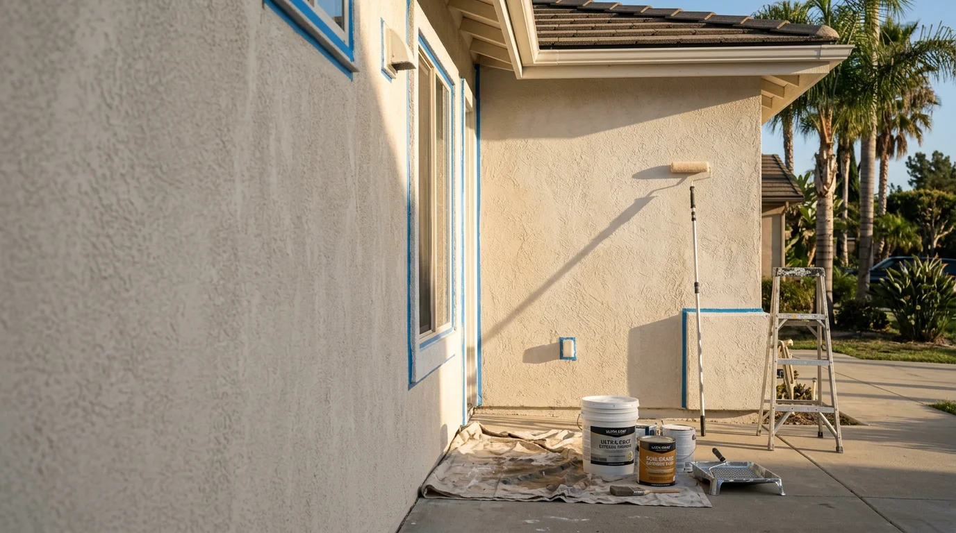 A freshly painted stucco exterior on a single-family home in Orange County, CA, showing clean trim lines and an even finish across the body and fascia. The completed exterior painting work reflects the bright Southern California light with no visible peeling or fading.