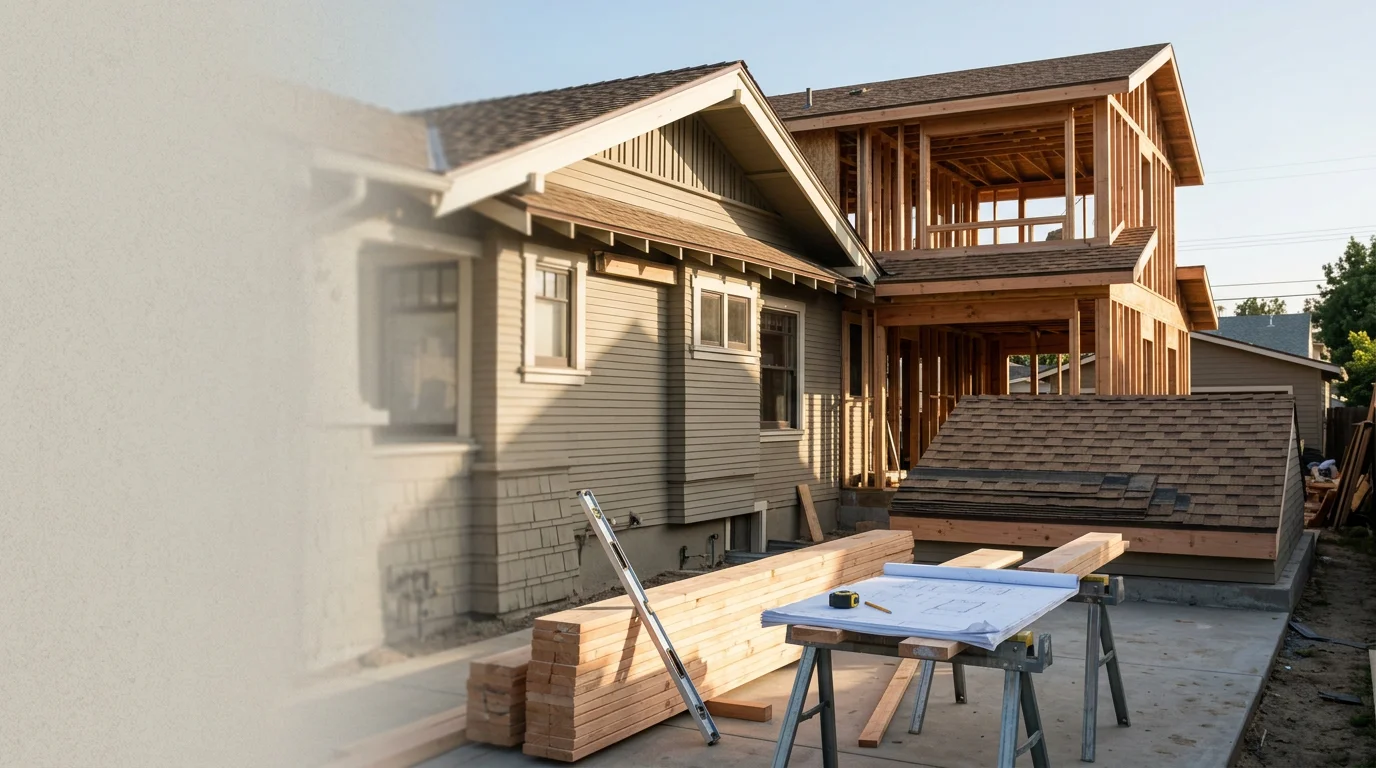 A completed single-story home addition in Orange County, CA, showing a new primary suite wing with exterior stucco finish matching the original house. The addition connects seamlessly to the existing roofline with a clean transition at the exterior wall.