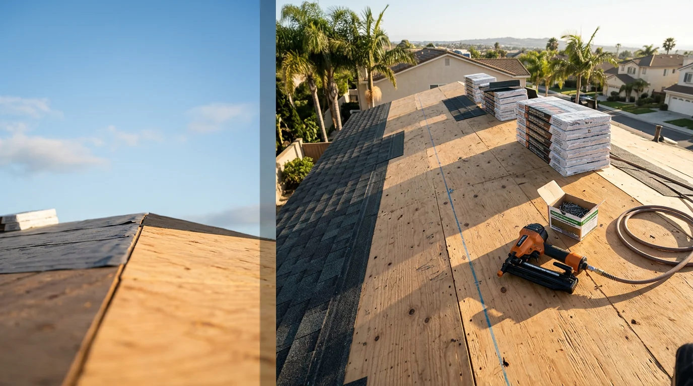 A completed residential roof replacement on a single-family home in Orange County, CA, showing new roofing material installed across the full surface with clean ridgelines and no visible damage. The home sits in a typical Southern California neighborhood with clear skies and surrounding palm trees visible in the background.