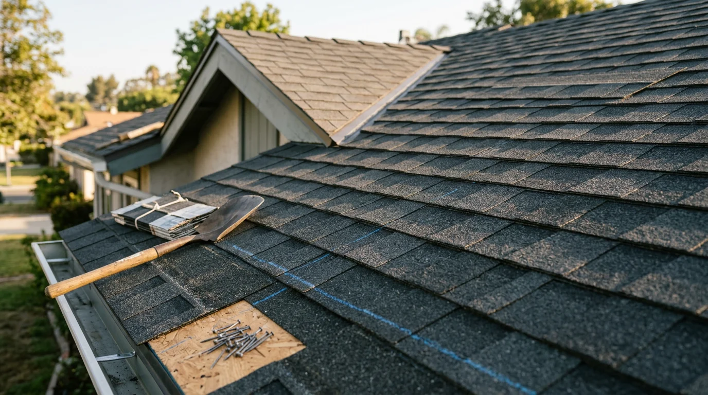 A newly installed residential roof on an Orange County, CA home, showing clean roofing layers and properly finished ridge and eave lines. The surrounding neighborhood reflects the typical single-family housing style found across Southern California.