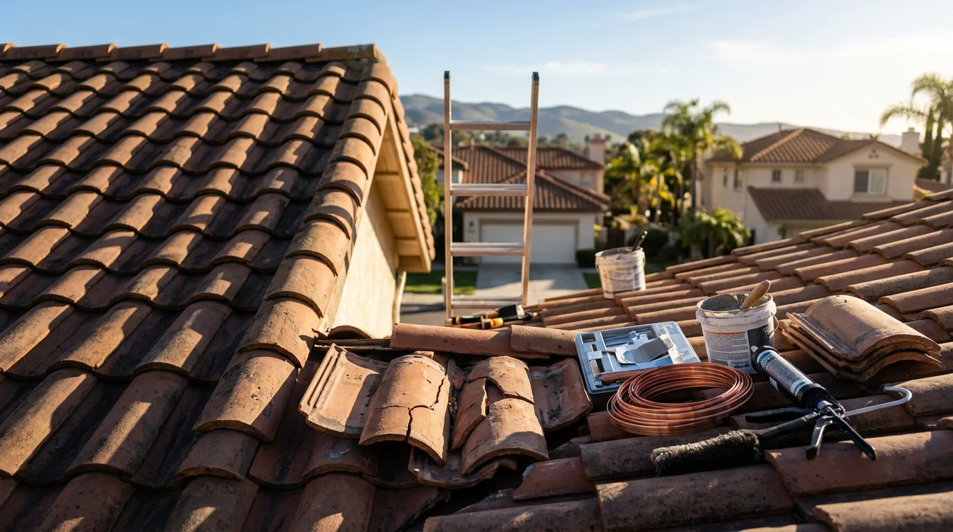 A roofing contractor repairing cracked clay tiles and damaged flashing on a residential roof in Orange County, CA. Close-up view shows the repair area near a chimney with surrounding tile in good condition.