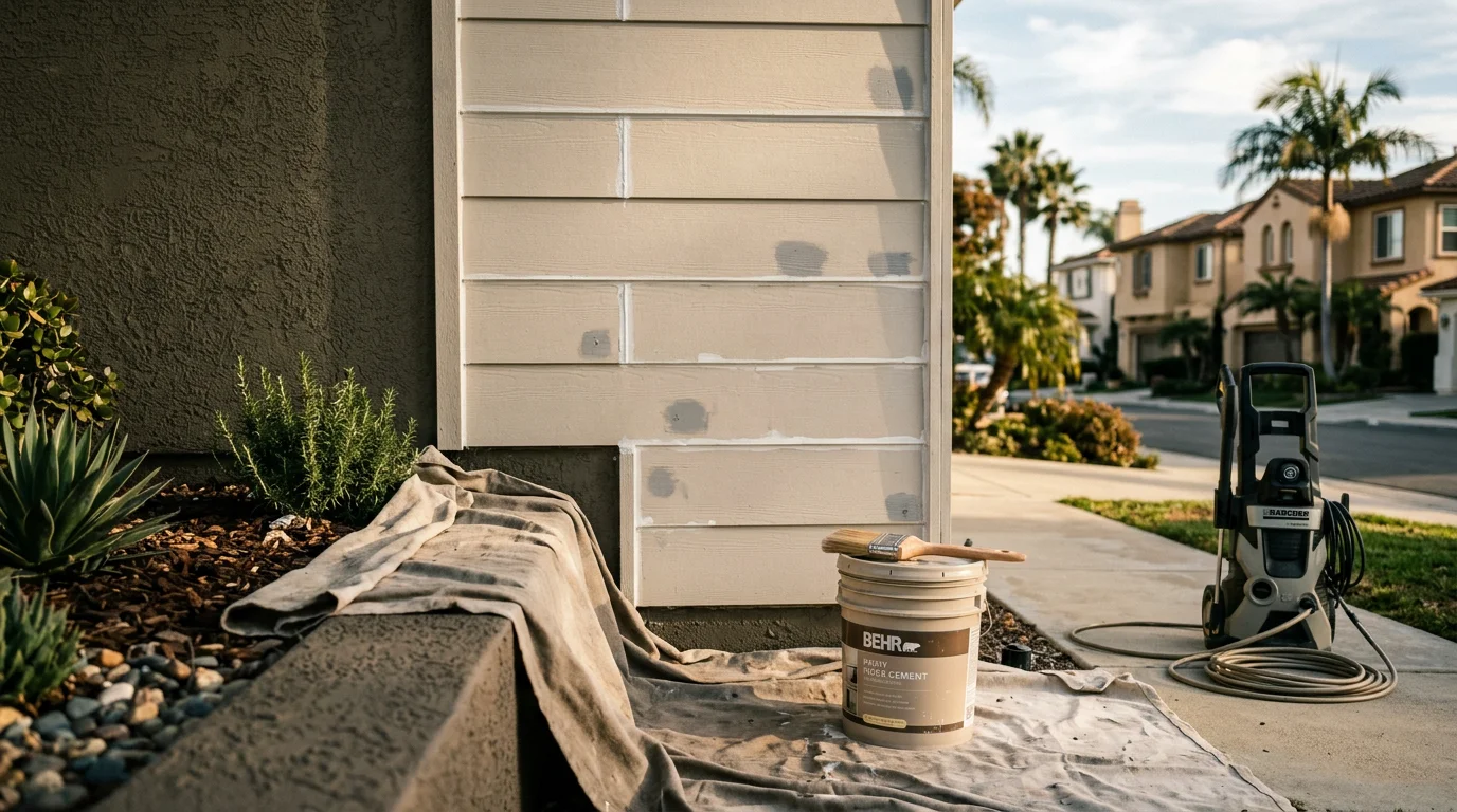 Freshly painted wood siding on a single-family home in Orange County, CA, showing clean horizontal lap panels in a warm neutral tone. The painted surface is smooth and even with no visible peeling or fading.