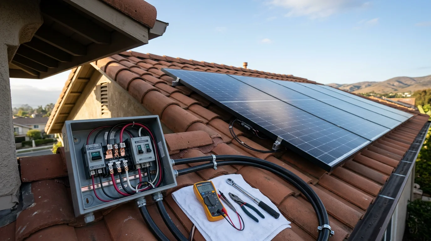 Rooftop solar panels installed on a residential home in Orange County, CA, with a clear blue sky overhead. The panels are flush-mounted on a south-facing roof with proper fire setback clearances visible along the ridge.