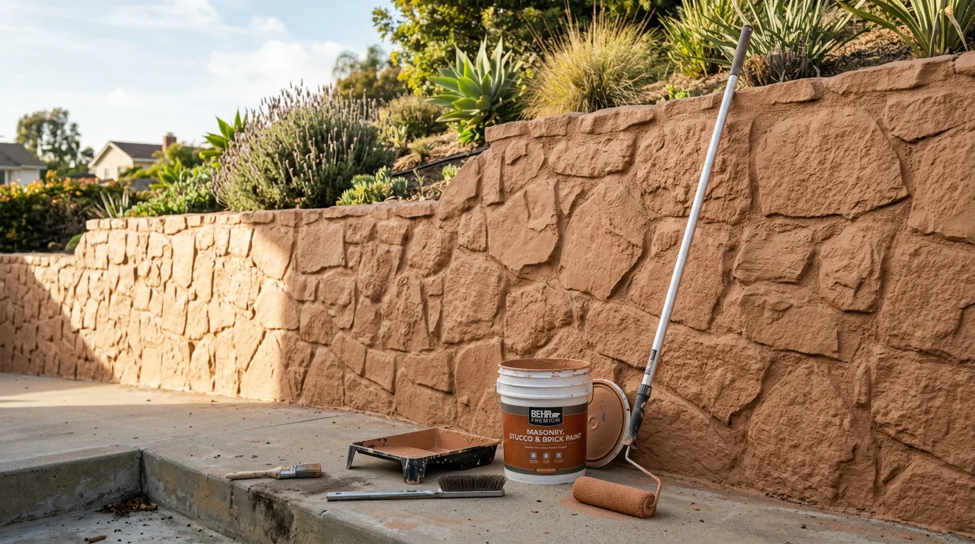 A freshly painted exterior stone retaining wall at an Orange County residential property, showing an even, clean coat of paint applied over rough natural stone. The finished surface contrasts with the surrounding landscaping, reflecting the result of professional stone surface painting by Colin Brothers Construction.
