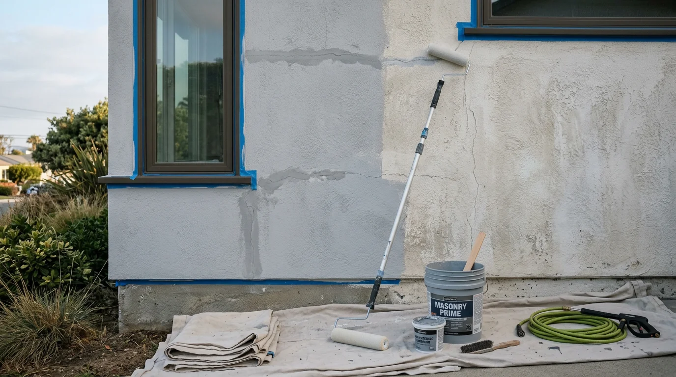 A freshly painted stucco exterior on a residential home in Orange County, CA, showing a clean, even finish with no visible cracks or fading. The painted surface reflects the warm Southern California light typical of inland and coastal OC neighborhoods.